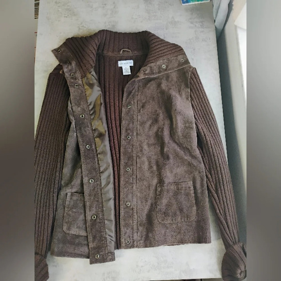 Kim Rogers Suede Leather Jacket Womens XL Brown Ribbed Knit Fisherman Preppy - Picture 10 of 14